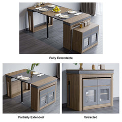 Modern extendable dining table with 4 chairs and rectangle storage sideboard in elegant walnut and gray finish