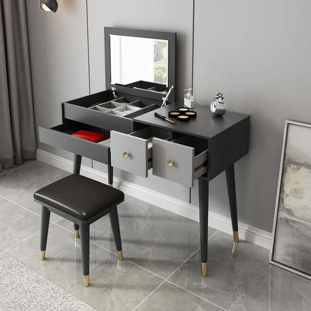 Classic gray vanity set with fliptop mirror & stool for elegant makeup storage メイン画像