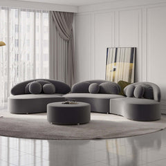 Modern beige velvet upholstered 7-seat sofa with ottoman and pillows for living room