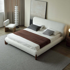 Modern white boucle platform bed with upholstered headboard in king size for contemporary bedroom decor