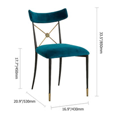 Stylish blue Empire dining chair with cross back design and green upholstery