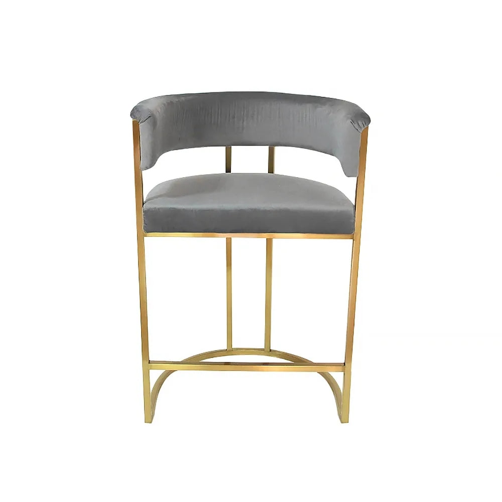Single Gray Velvet Upholstered Bar Stool Armchair in Gold