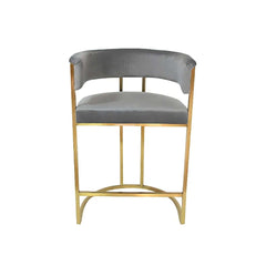 Chic gray velvet upholstered bar stool with armrest in gold color