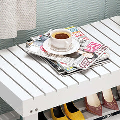 Modern white shoe rack with 2 shelves, designed to keep your entryway organized and stylish