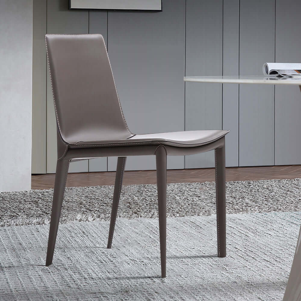 Gray Saddle Leather Upholstered High Back Dining Chair Set of 2 for Modern Dining Room Decor