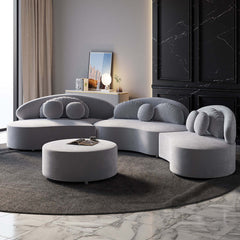 Modern beige velvet upholstered 7-seat sofa with ottoman and pillows for living room