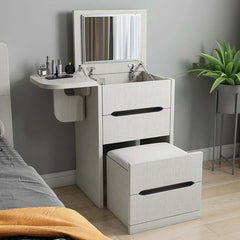 Nordic Flip Top White Makeup Vanity Mini with Stool & Mirror for minimalist makeup setup and storage