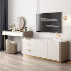 Contemporary offwhite makeup vanity set with ample storage and built-in TV stand