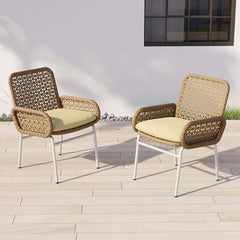 2 Pieces Farmhouse Aluminum & Rattan Outdoor Patio Dining Chair Armchair Set in Brown - Front View