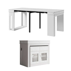 Contemporary walnut and gray dining set with extendable table, 4 chairs, and stylish storage sideboard