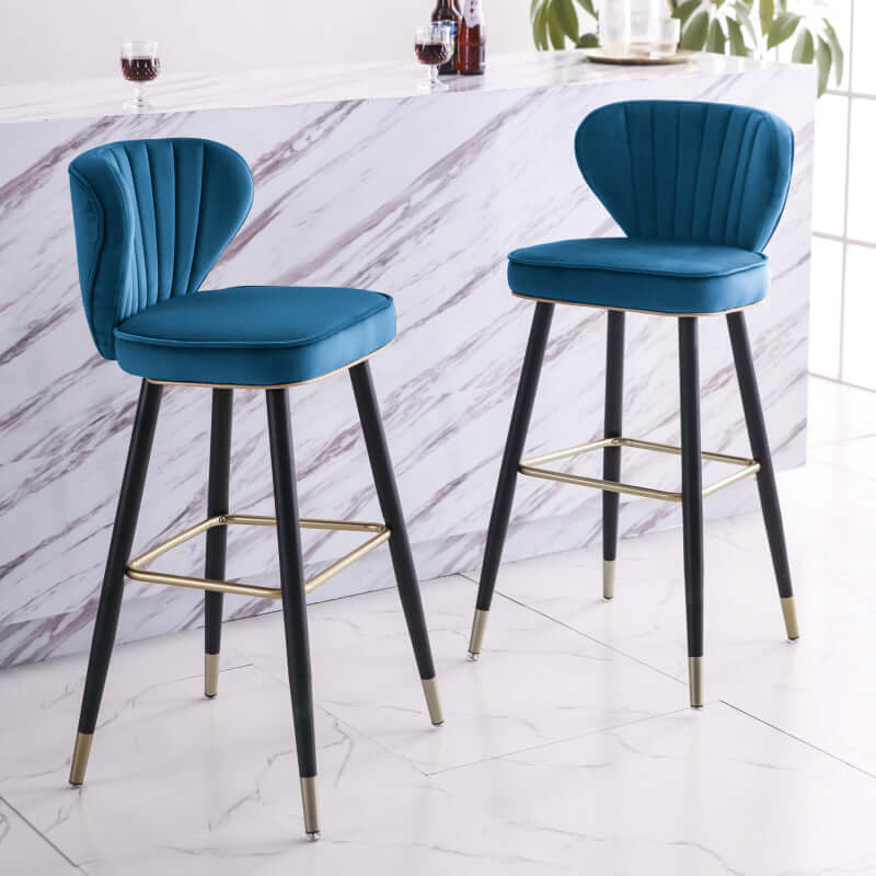 Blue velvet upholstered bar stools with backrest for modern kitchen decor
