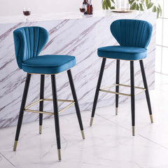 Blue velvet upholstered bar stools with backrest for modern kitchen decor