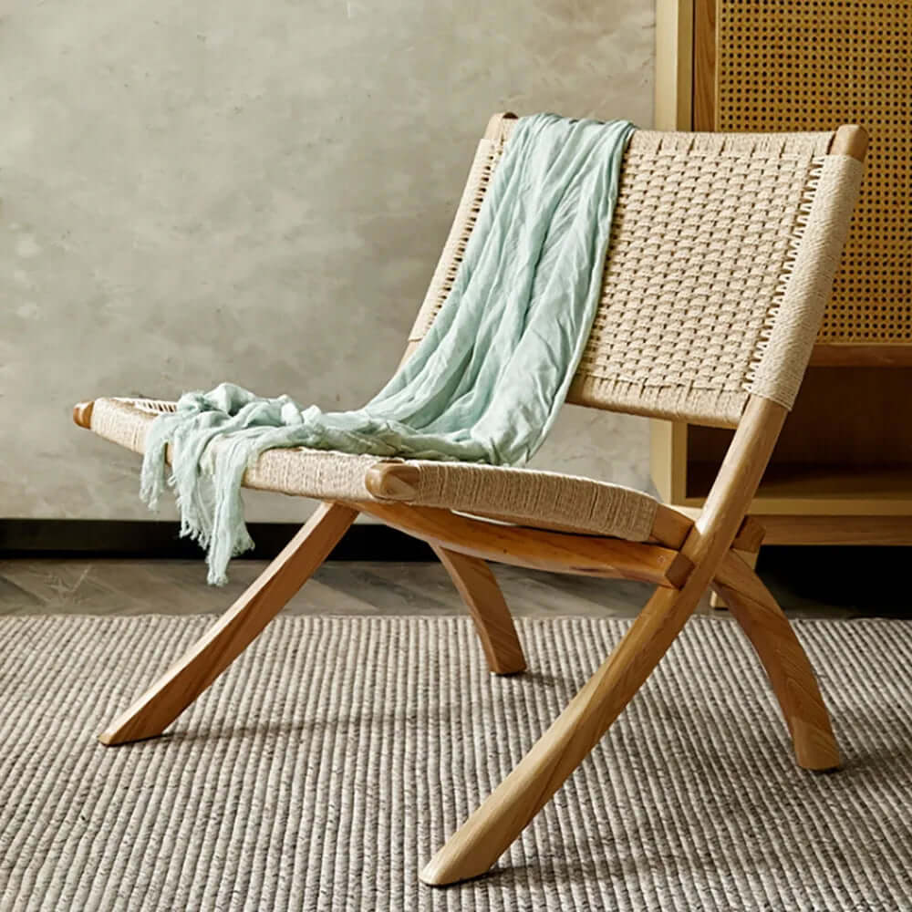 Rustic Foldable Recliner Chair with Ash Wood Frame and Hemp Rope Back and Seat in Natural Finish Main image