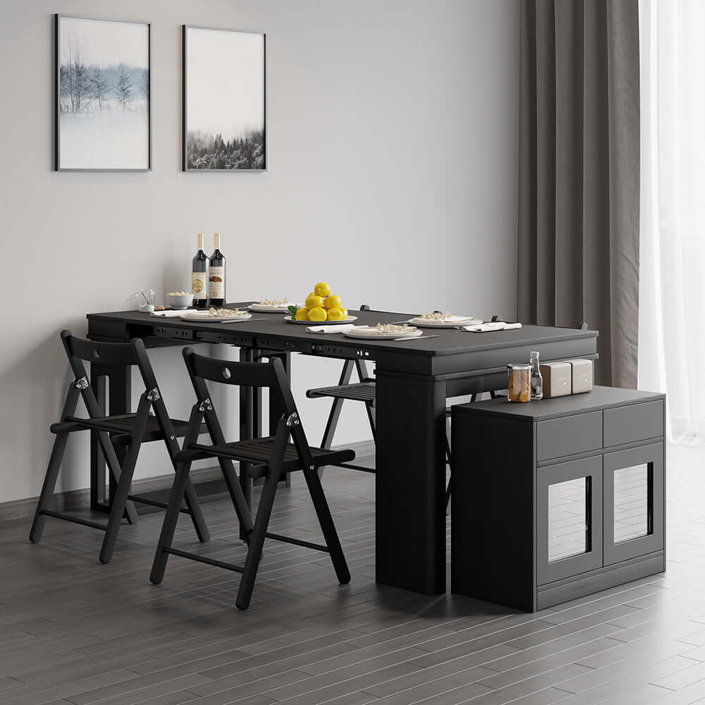 Modern extendable dining table with 4 chairs and rectangle storage sideboard in elegant walnut and gray finish