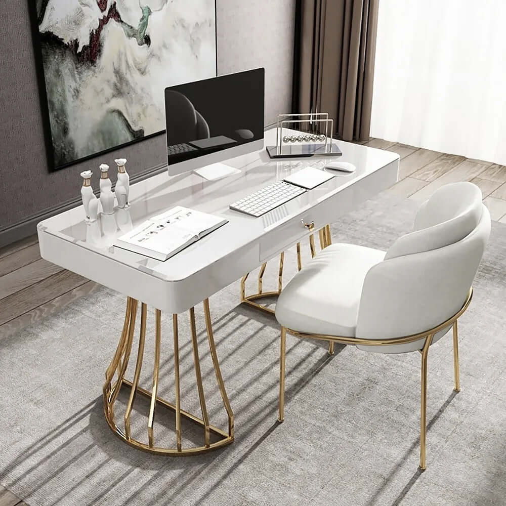 Weißer Esszimmerstuhl Modern Baumwolle & Leinen Bezogener Seitenstuhl in Gold Finish Zweitbild