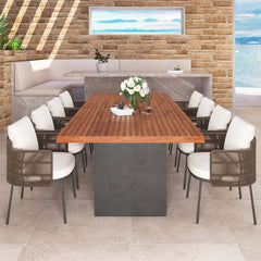 Rectangular teak table and rattan chairs outdoor dining set for 8 persons