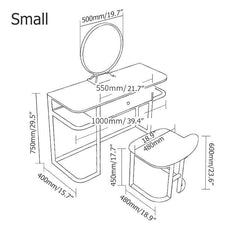 Metal base dressing table set with chair and mirror in gold for small spaces