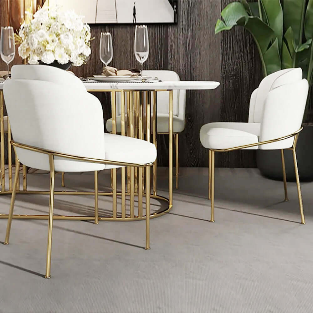 Comfortable white dining chair with stylish gold finish and cotton & linen upholstery