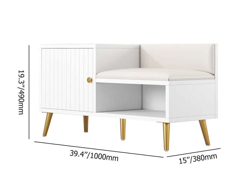 White shoe rack bench with storage cabinet and shelf - modern upholstered hallway organizer