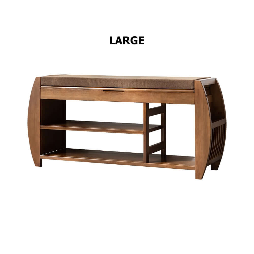 Bamboo Rustic Upholstered Entryway Flip Top Shoe Rack Bench with 3 Storage Shelves