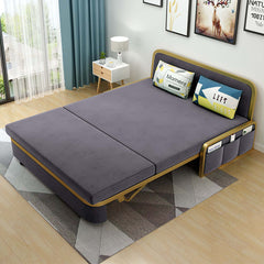 Modern gray velvet sofa bed with gold legs and storage for living room or guest space