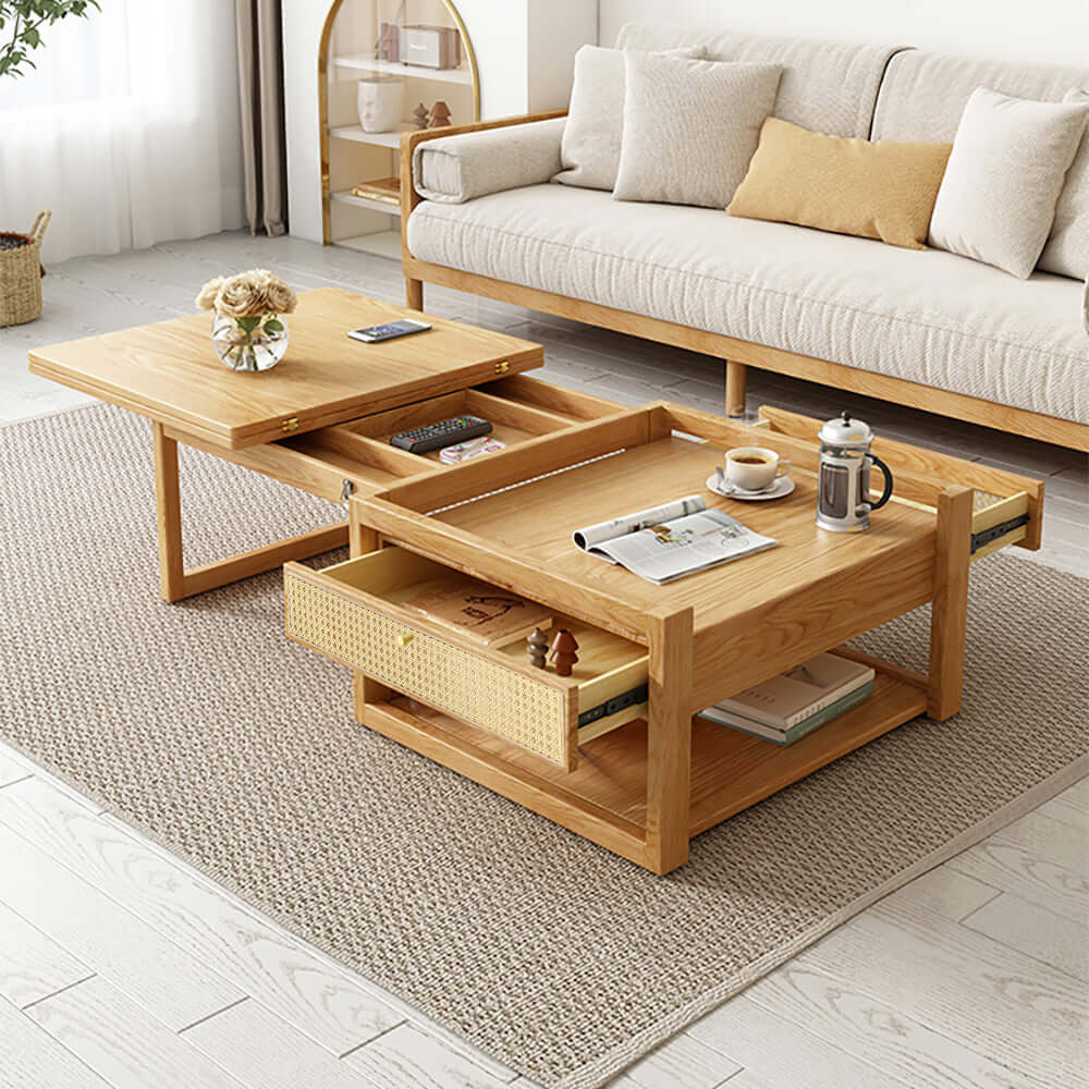 Ensemble de table basse pliante japandi en bois et rotin table à manger table d'accent nichée Image secondaire du produit