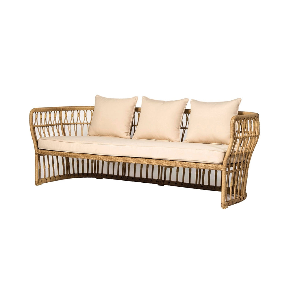 Tropical Style 74" Natural Color Rattan Sofa Square Arm with Cushion Pillow