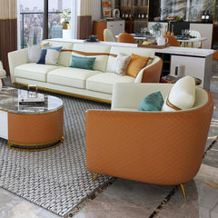 Elegant Orange Faux Leather Living Room Sofa, Single Sofa, and Loveseat Furniture Set