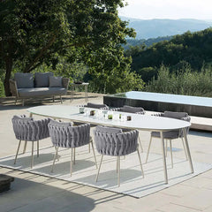 Contemporary gray outdoor patio dining chair armchair with rattan design