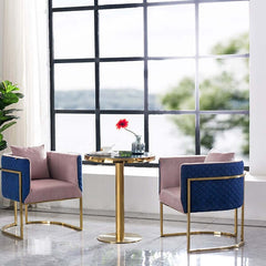 Elegant pink and blue velvet club chair with exquisite gold barrel design