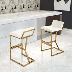 Stylish Counter Stool in White PU Leather with Gold Legs and Footrest for Modern Home Decor