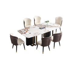 Sturdy pedestal-based 71-inch stone top dining table with 7-piece set