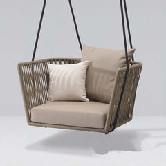 Porch swing chair with modern design and comfortable khaki cushion pillow