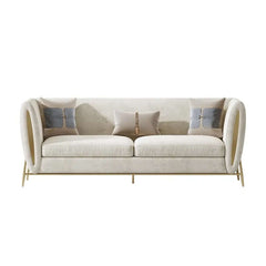 Beige velvet 3-seater luxury sofa with solid wood frame and stylish gold legs for living room