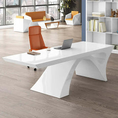 Two-piece sleek white office desk and adjustable chair