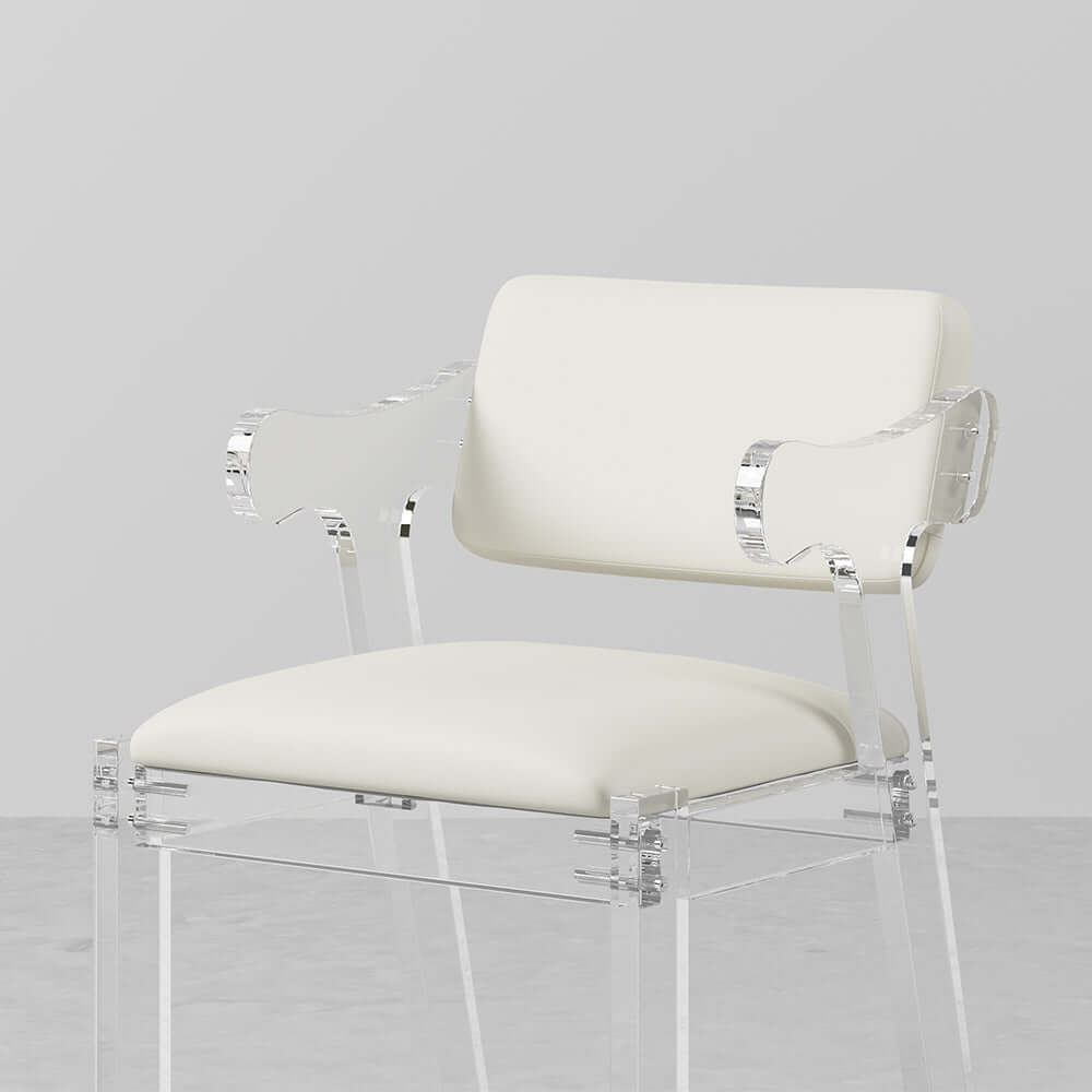 Modern white dining chair with arms upholstered in PU leather for comfortable dining experience