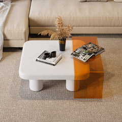 Elegant Square Nesting Coffee Table Set of 2 with Acrylic Waterfall End Table in White & Orange