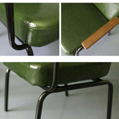 Vintage green faux leather dining chairs with armrests