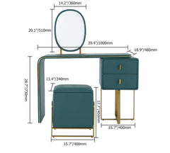 Green dressing table set with expandable top, mirror, and side cabinet