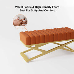 Luxurious Orange Velvet Upholstered Ottoman Bench with Gold XBase