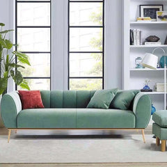 Green velvet 3-seater sofa with gold stainless steel base, modern living room furniture