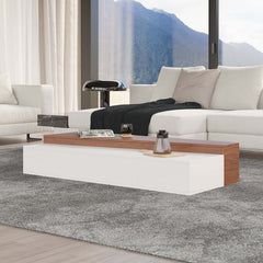 Rectangular wood coffee table with dual storage drawers and sleek design