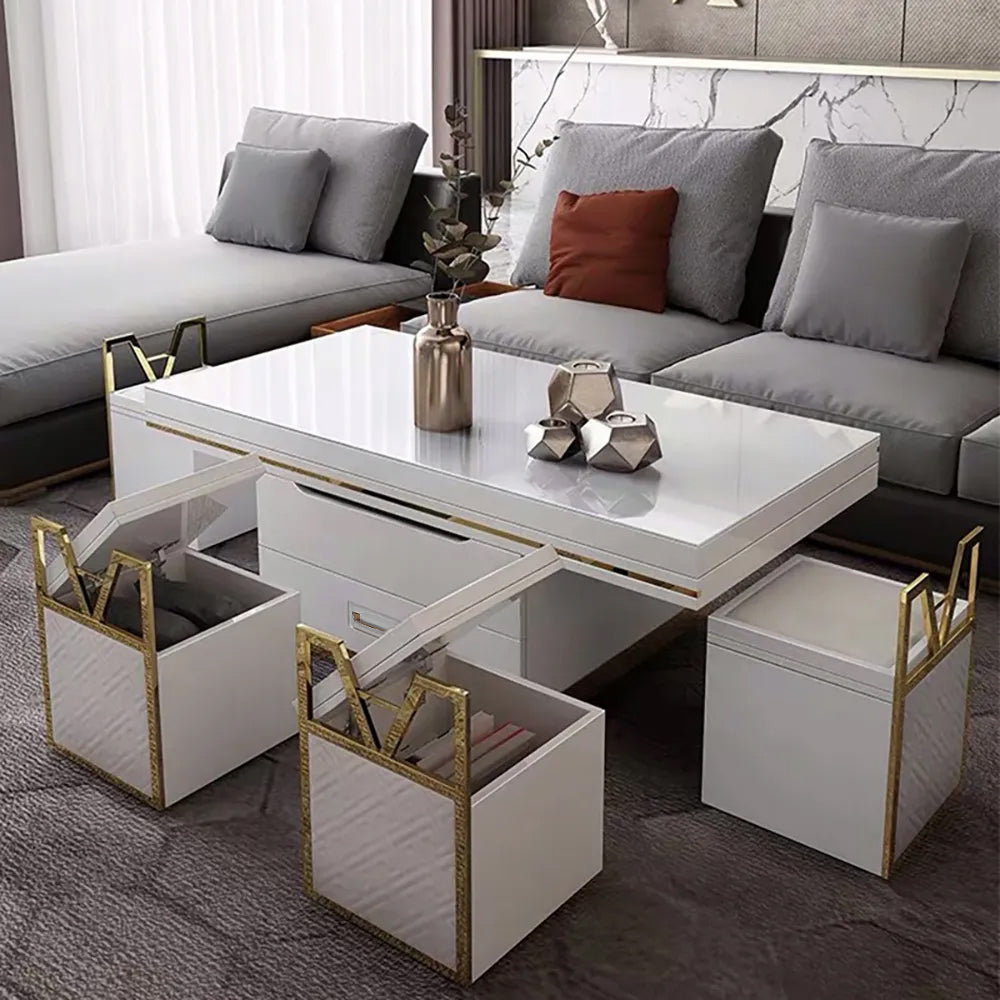 White Modern Lift Top Coffee Table Set with Storage & Stools Extendable Accent Table