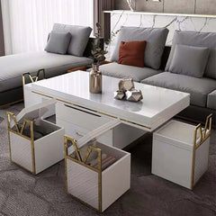 White modern lift top coffee table set with storage and stools, extendable accent table for living room