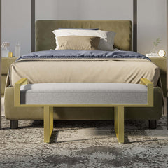 Gray linen upholstered ottoman bench with gold legs, ideal for adding style to entryway