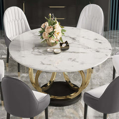 Sophisticated 7-piece dining room ensemble with round sintered stone top table and 6 chairs