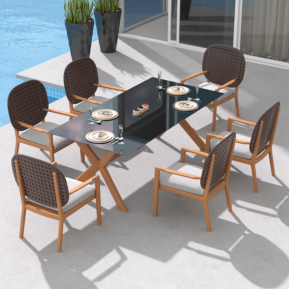 7 Pieces Teak Wood Outdoor Dining Set with Glass Top Table Rattan Armchair in Natural
