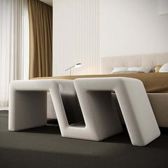 Long bed end bench with modern white velvet upholstery and storage