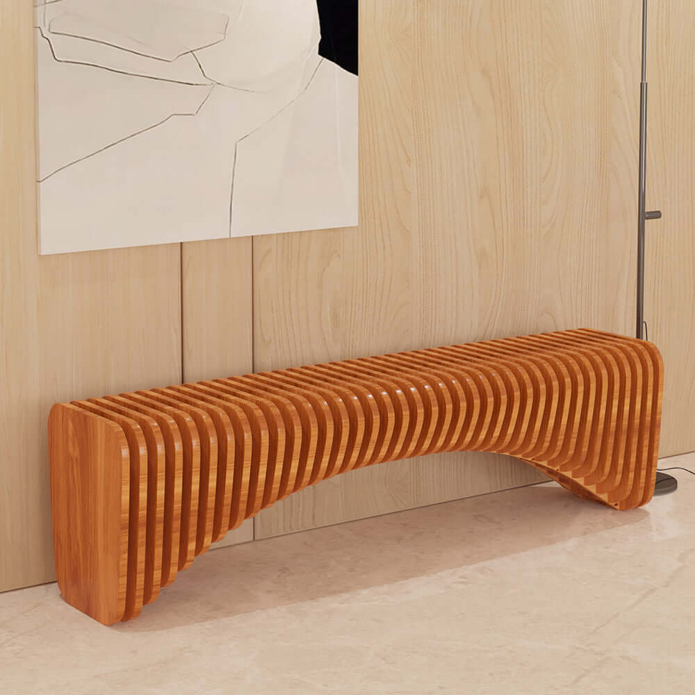 Modern Natural Wooden Curved Entryway Bench Seat in a minimalist hallway