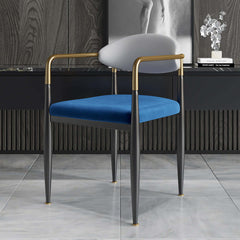 Modern white and blue upholstered dining chair with armrests